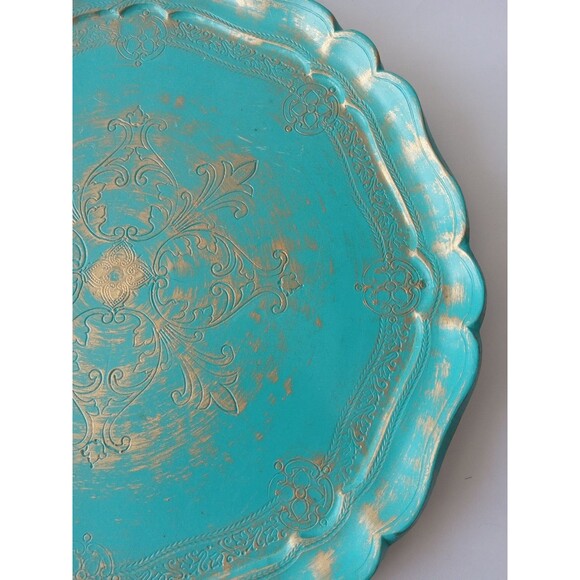 VTG Galway Inc. Etched Wood 13.5" Turquiose & Gold Decorative Plate Tray - Picture 7 of 16